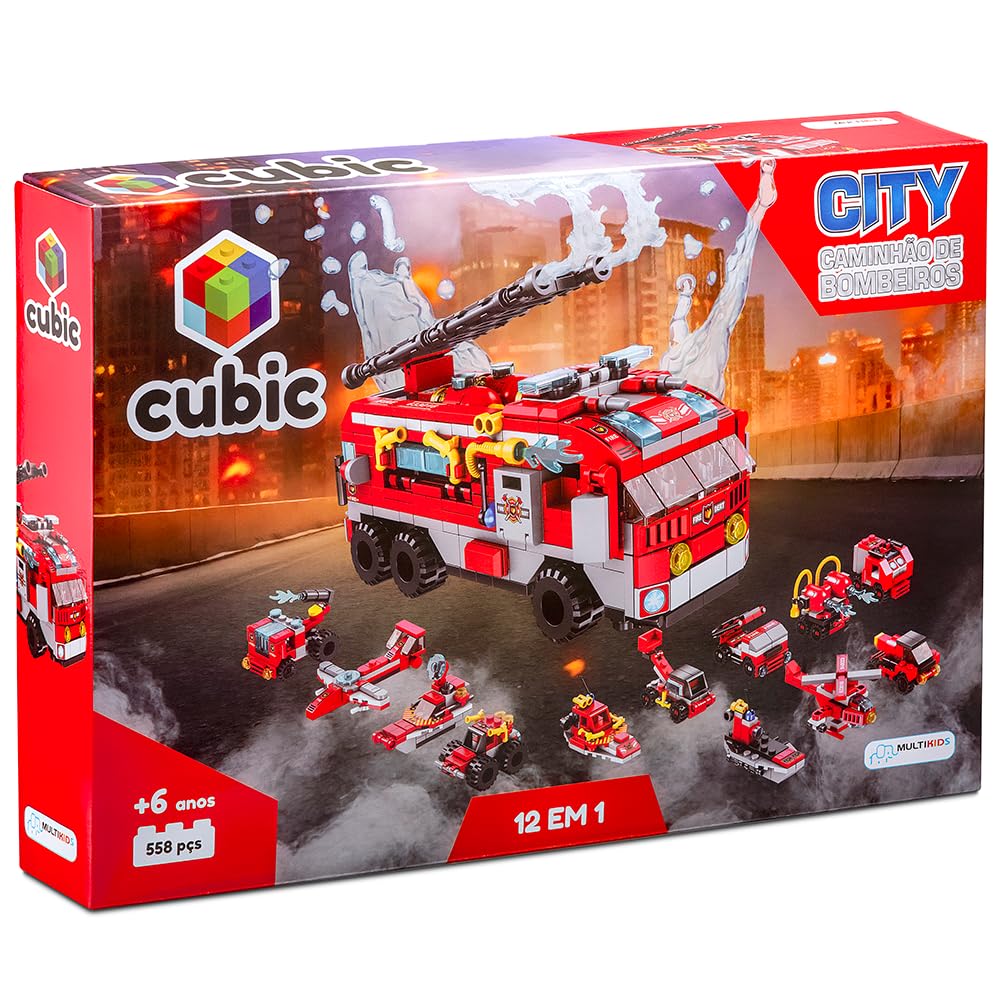 Assembled Multikids Baby Cubic 12-in-1 Fire Truck Building Blocks set, showing the large fire truck and several smaller vehicles.