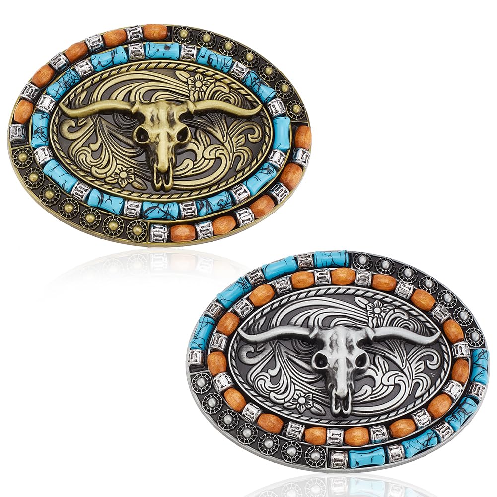ANATTASOUL 2 Pcs Western Belt Buckle for Men Women Cowboy Cowgirl Long Horn Bull Turquoise Belt Buckle Vintage Golden Sliver Western Durable Denim Rectangle Alloy Belt Buckles for Birthday Gifts