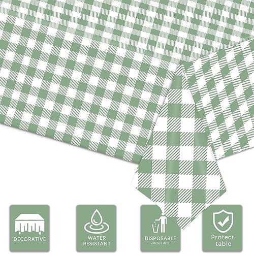 Miniatura 4 de Paquete de 3 manteles de cuadros verdes de 54 x 108 pulgadas, desechables, para fiestas, mantel impermeable a cuadros verdes festoneados, para
