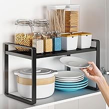 Scaffale in metallo espandibile, da cucina, organizer regolabile, per spezie, per cucina, banconi, dispensa, bagno (nero)