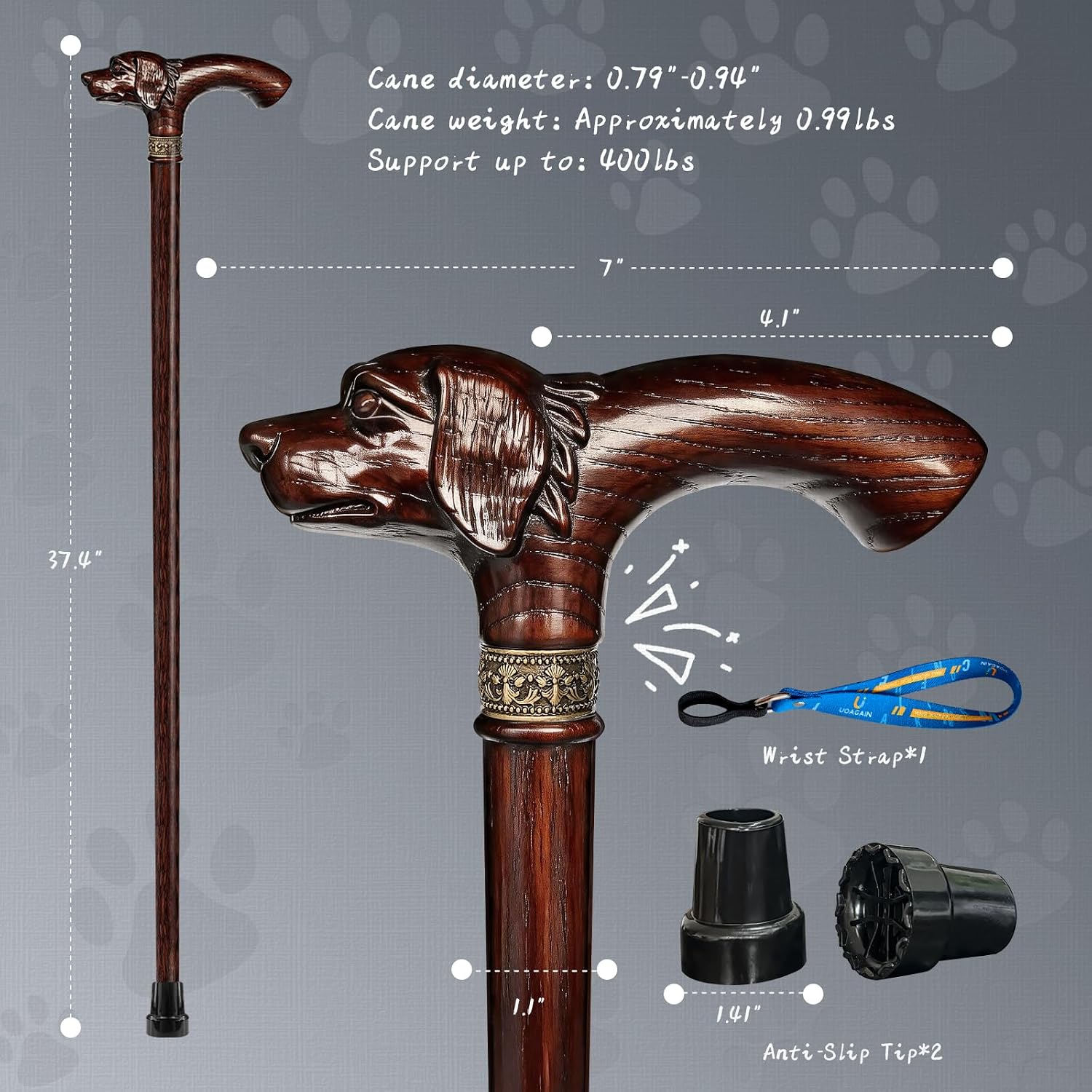 3D Carved Walking Cane Uoagain 400 lb Load-Bearing Wood Cane for Men Women