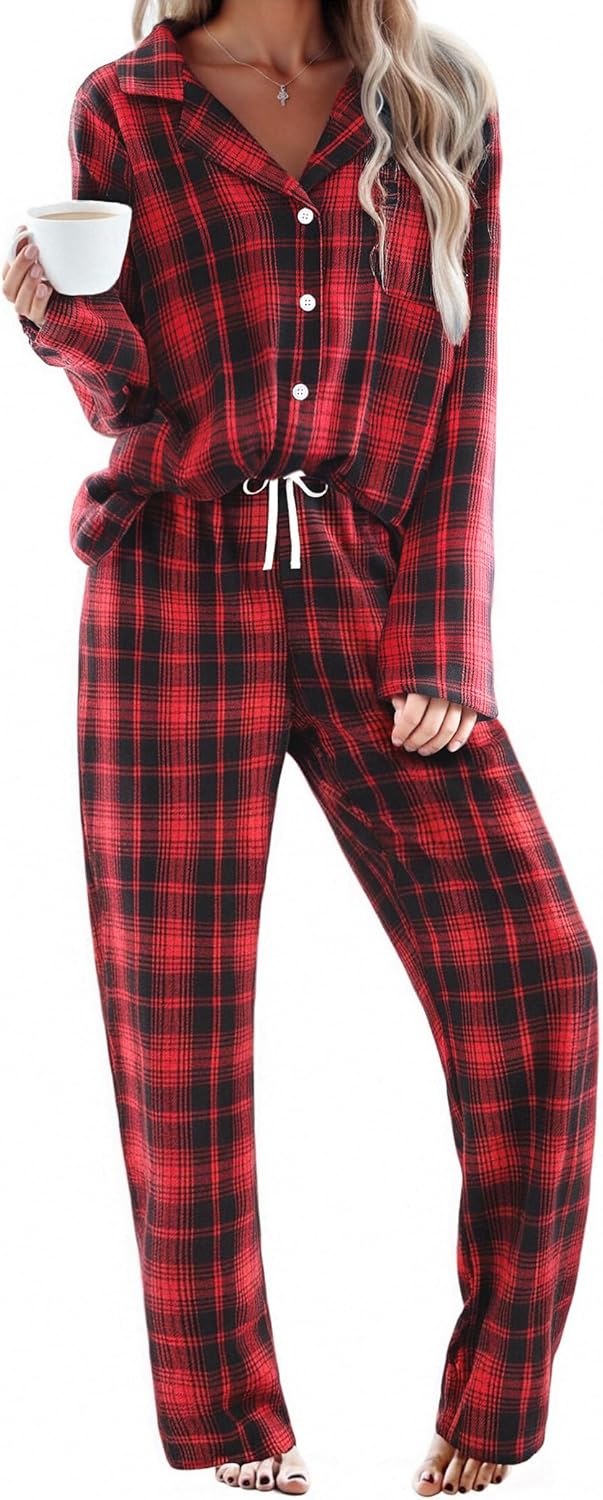 Ekouaer Womens Pajama Sets 2 Piece Cotton Plaid Pjs Long Sleeve Sleepwear Button Down Lounge Set with Pockets X-Large Red Black Plaid
