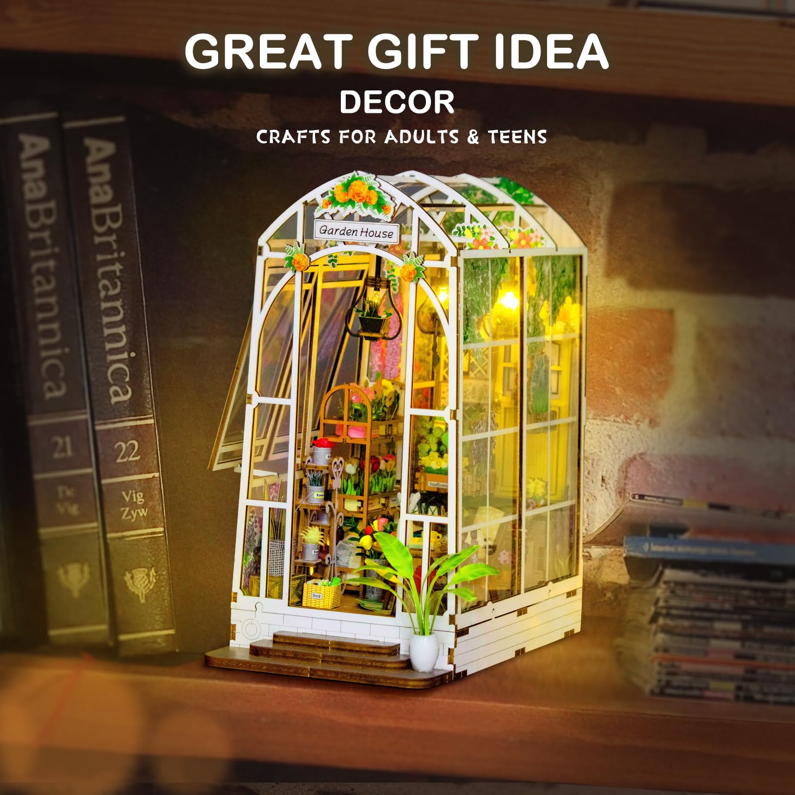 Book Nook Kits for Adults, Miniature House Dollhouse Kit for Teens, DIY Crafts for Adults, Bookshelf Decor Garden House with LED Light, Gifts for Family and Friends