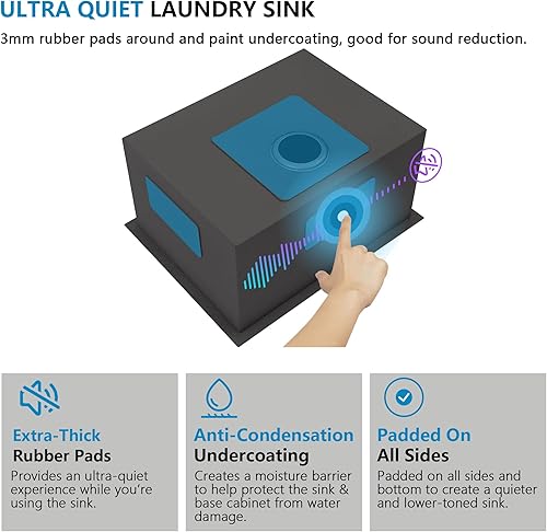 Miniatura 52 de Fregadero de lavandería de 25 x 22 pulgadas, montaje superior, acero inoxidable T304, calibre 16, 12 pulgadas de profundidad, fregadero individual