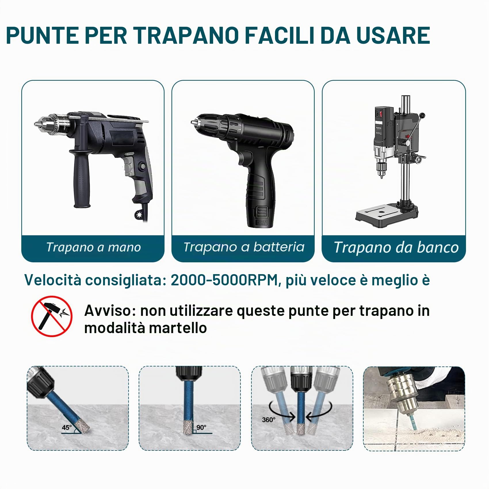 Punte diamantate per piastrelle - 6/8/10/20/25/28/32/35/50/65mm+50mm Piastrella smussatura Bit per piastrelle in gres porcellanato Marmo ceramico