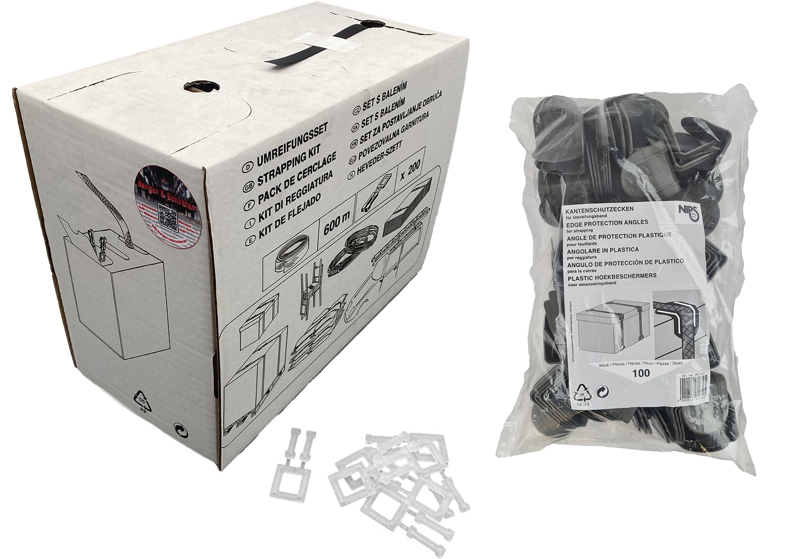 Berger & Schröter | Bundle Umreifungsset (600 m PP-Umreifungsband + 200 Kunststoffklammern) + 100er Pack Kantenschutzecken Umreifung von Paletten, Kartons, Waren mit Kantenschutz