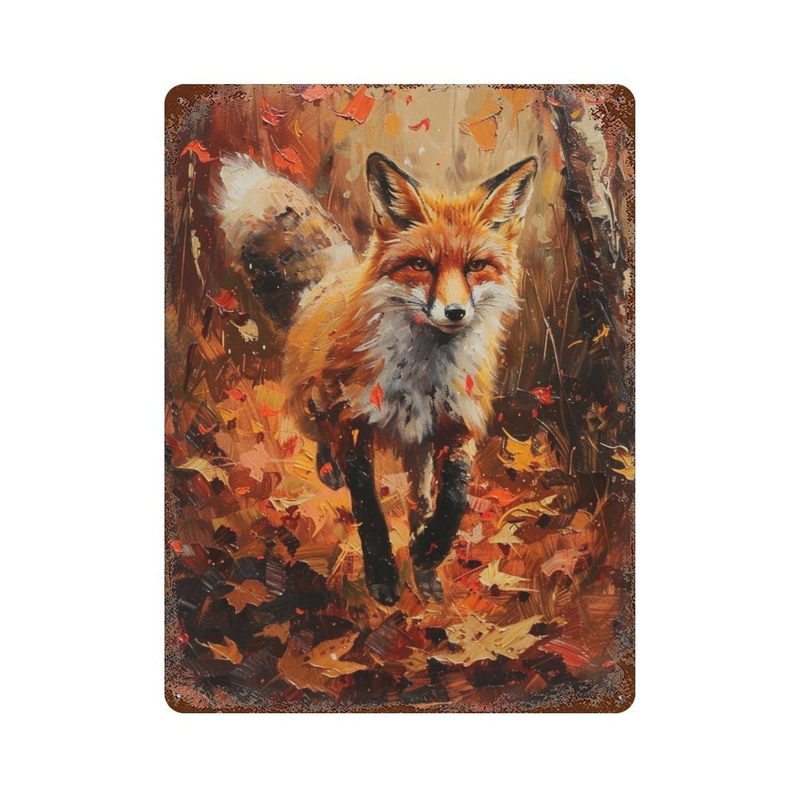 Autumn Fox Painting Artwork Weathered Tin Sign 15.7"x11.8", Rustic Home Decor for Garage, Bar And Workshop Decor