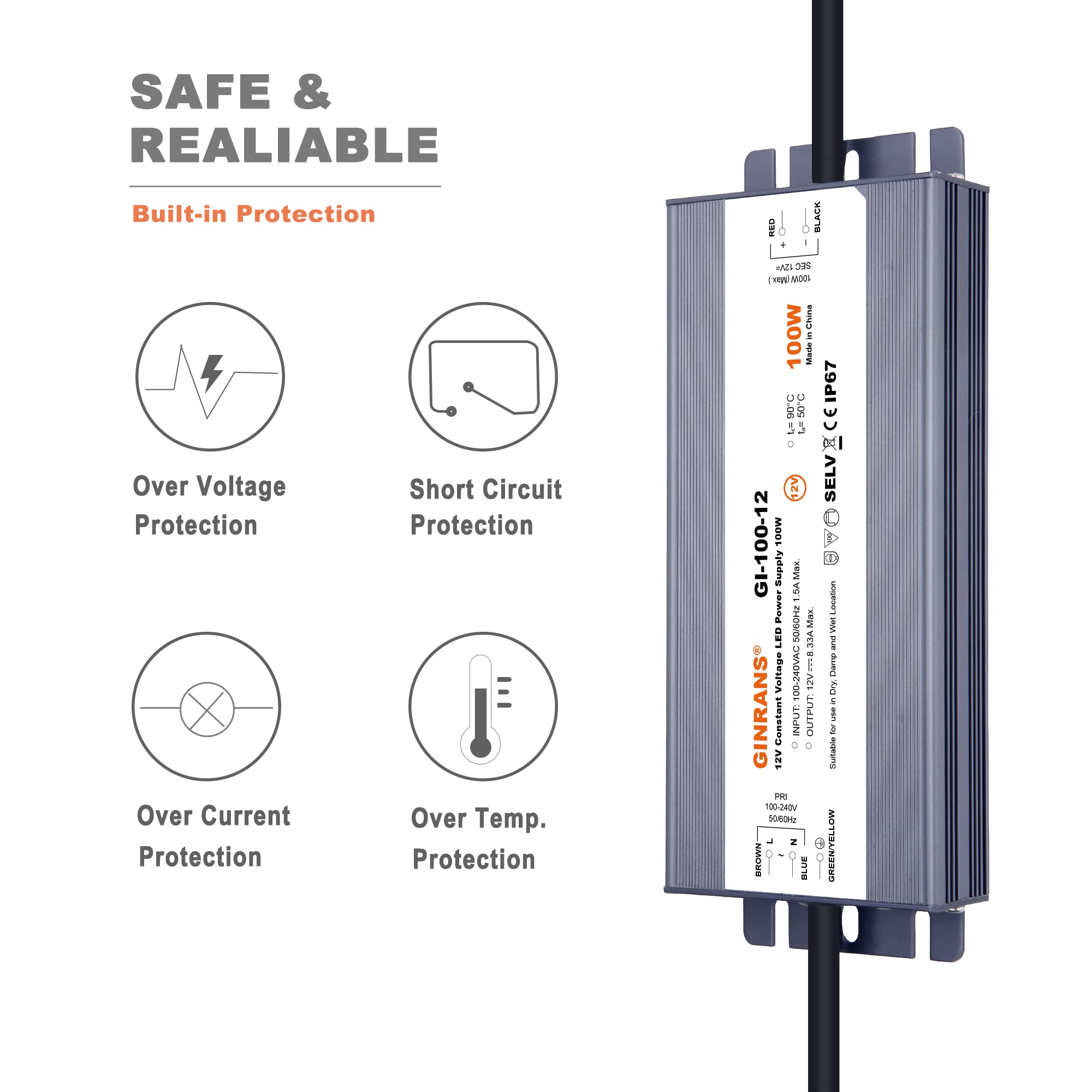Driver de Fuente de Alimentación LED de Voltaje Constante Impermeable IP67 de 100W, Entrada Universal 100-240V AC con Enchufe, Salida 12V DC 8,33A Máx. para Iluminación LED Exterior