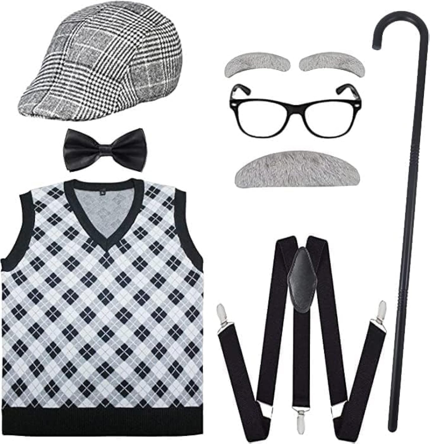 Excefore Old Man Costume for Kids 100 Days of School Costume for Boys with Old Man Hat, Old Person Glasses