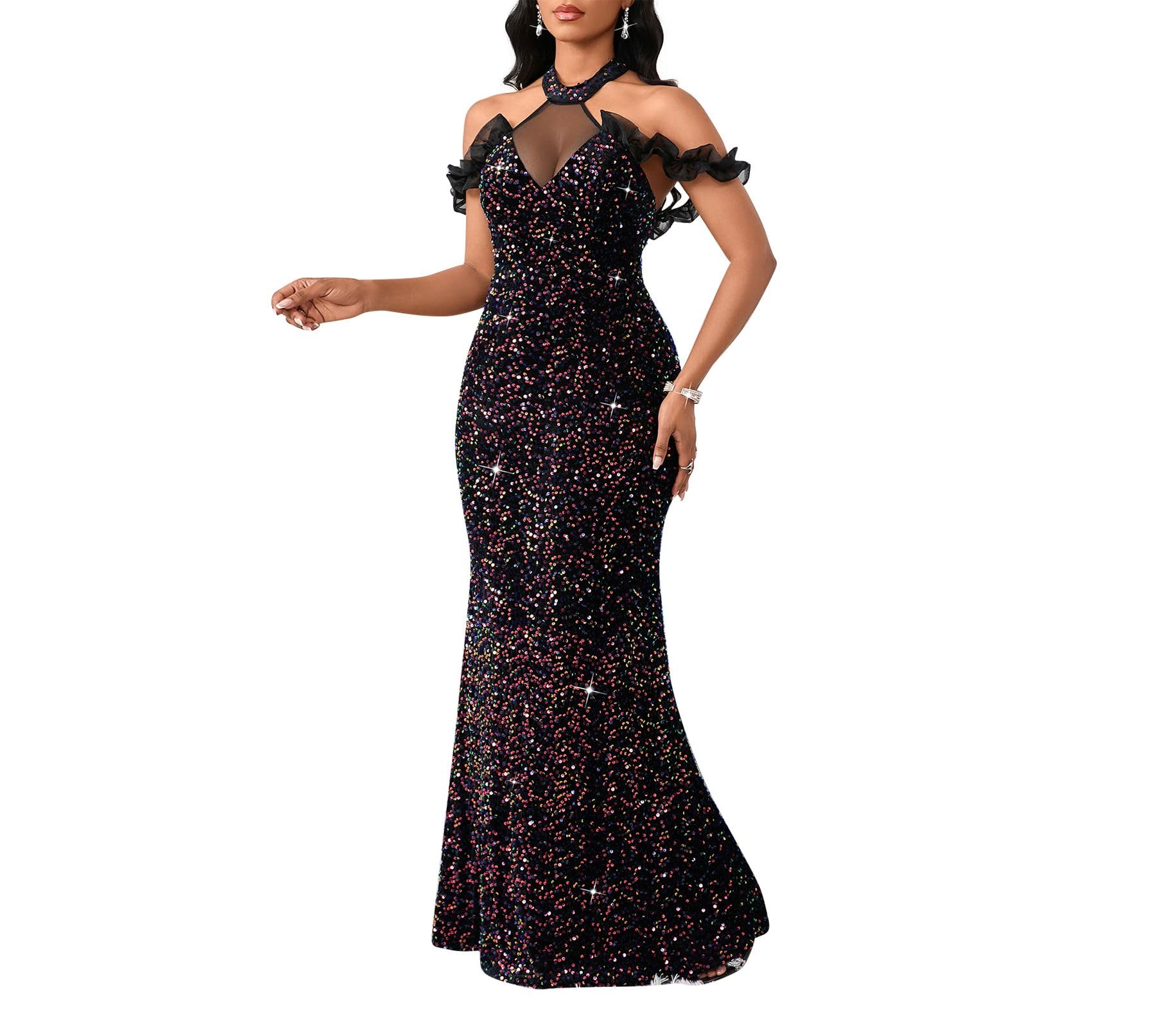 Cololura Women Sequin Halter Mesh Bodycon Formal Maxi Dress Evening Gown