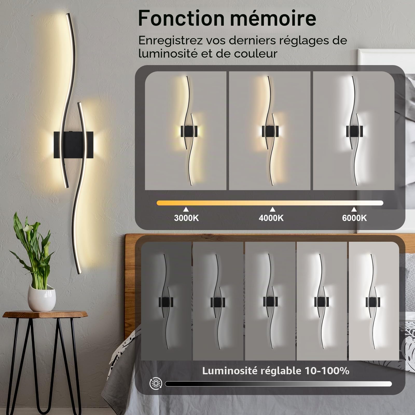 Lot de 2 appliques murales LED d'intérieur à piles avec télécommande - Moderne - Avec fonctions d'intensité variable et de minuterie - Sans fil - Pour salon, chambre à coucher, couloir