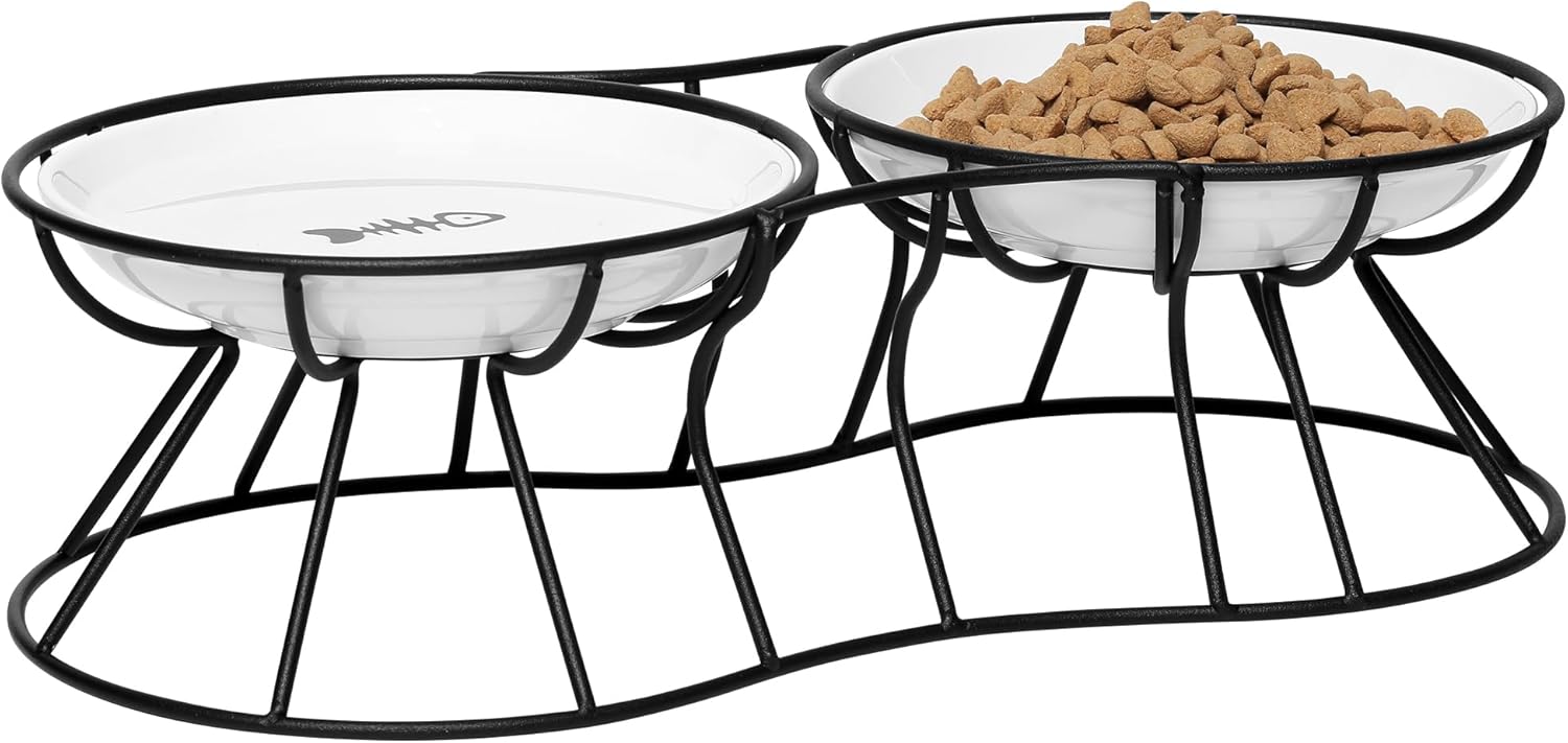 Elevated Cat Bowls, 5.9 Inch Wide Ceramic Cat Food Bowls with Metal Stand Whisker Stress-Free, Raised Food and Water Dish for Cats, Kitten