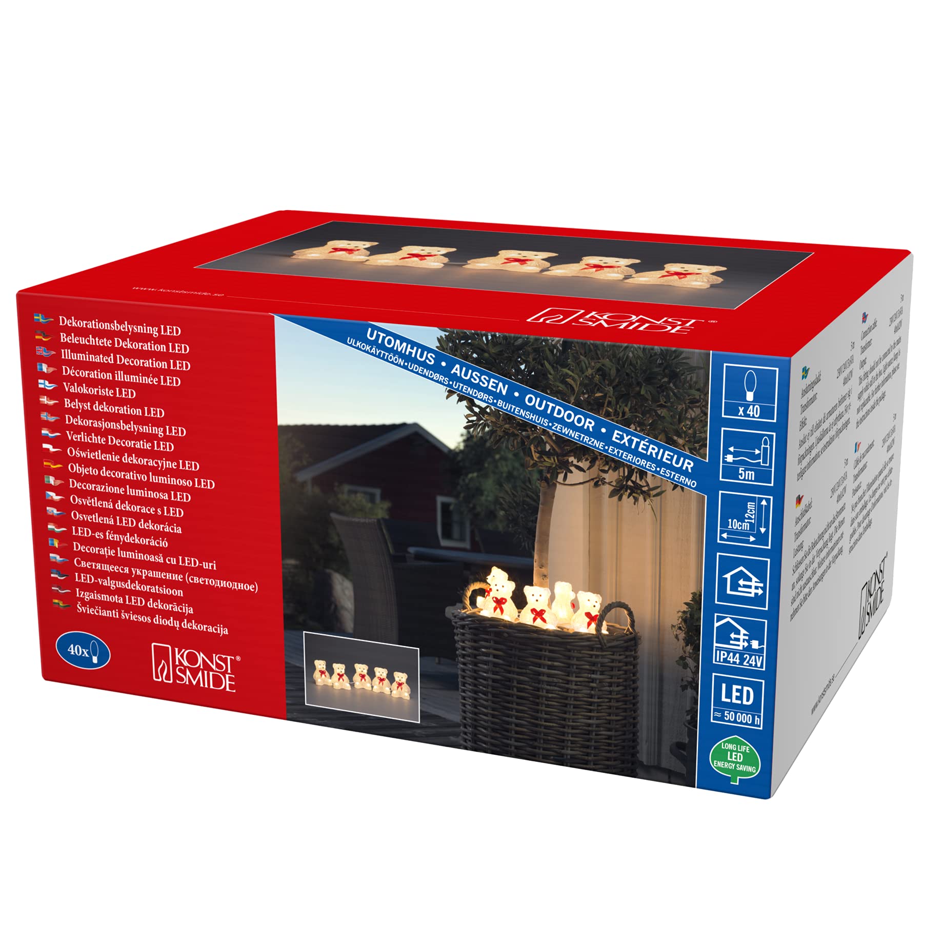 Konstsmide LED Acryl Bären 5-er Set, 40 warm weiße Dioden, 24V Außentrafo (IP44), 0, 8W, weißes Kabel - 6231-103