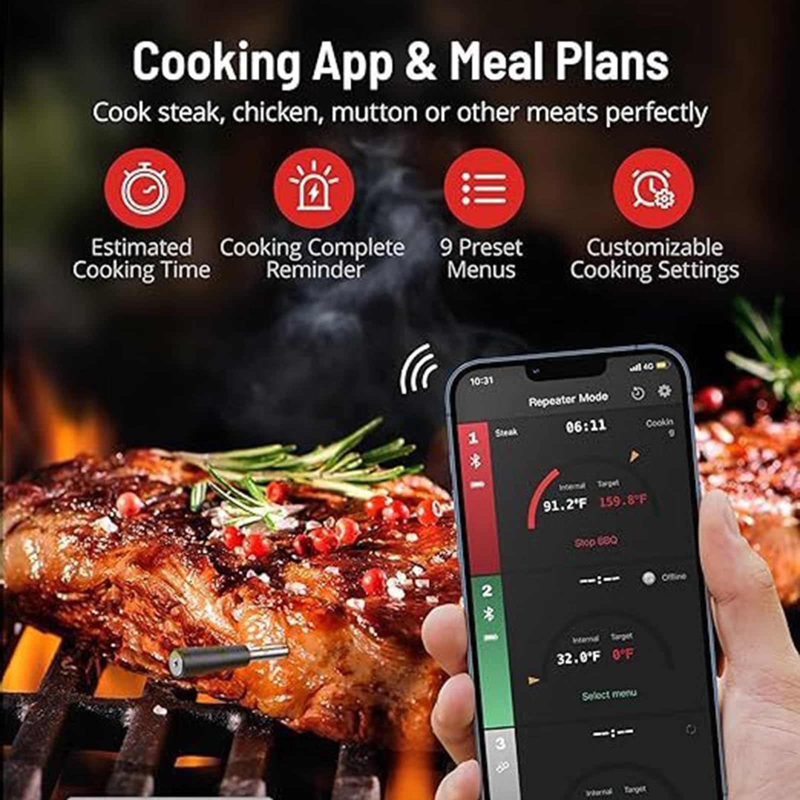 Thermomètre à viande sans fil, thermomètre à viande Bluetooth avec alarme de température, thermomètre à viande numérique à distance de 500 pieds, thermomètre alimentaire pour barbecue, four, fumoir