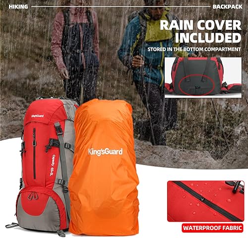 Miniatura 6 de King'sGuard Mochila de senderismo 70L con cubierta de lluvia Mochila de viaje ligera Mochila de camping impermeable, Rojo -, Mochilas de viaje