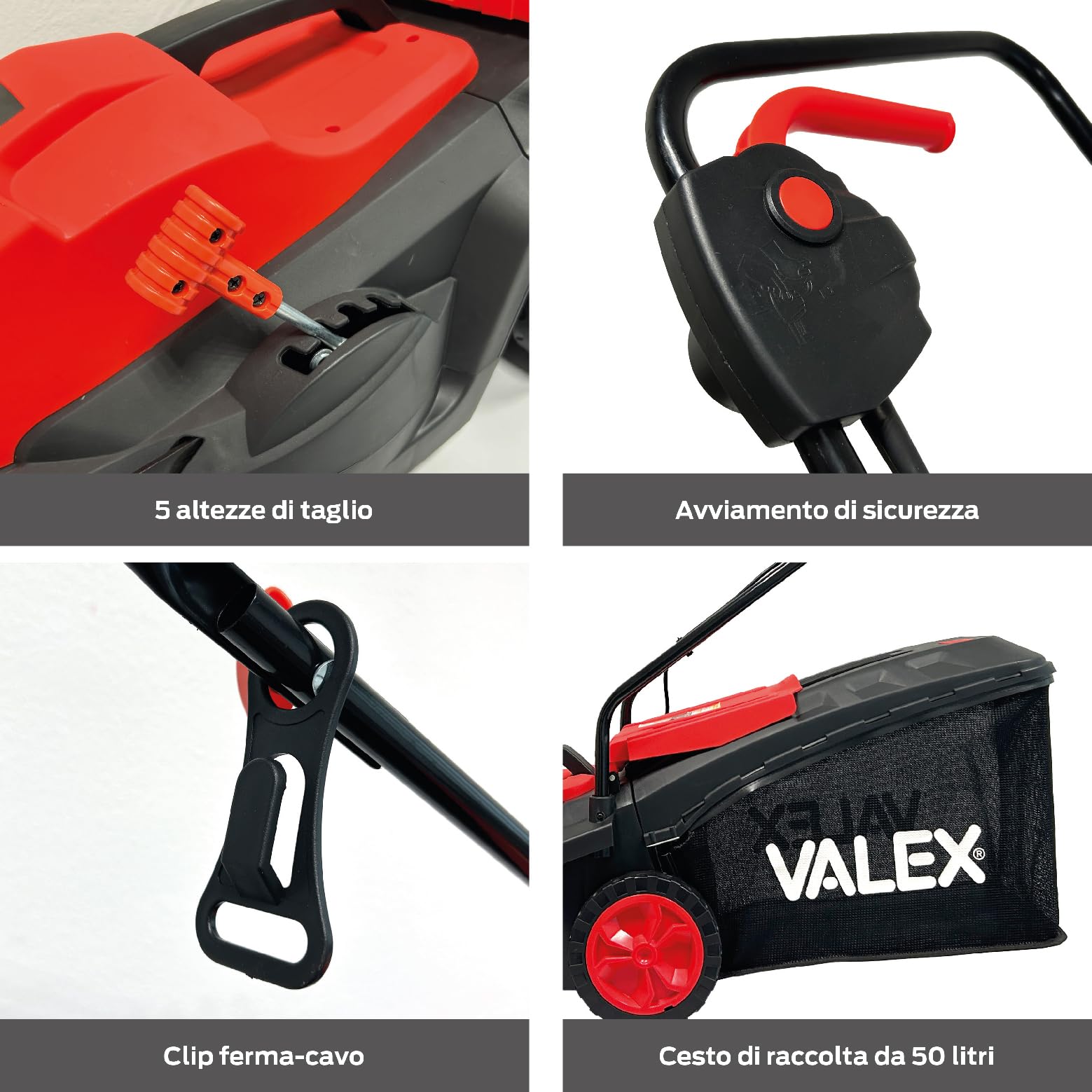 Valex TE1501 Tagliaerba Elettrico 1500W, Taglio Ø35/36 cm, 5 Altezze Centralizzate (20-70 mm), Cesto Raccolta 50L, Lama in Acciaio