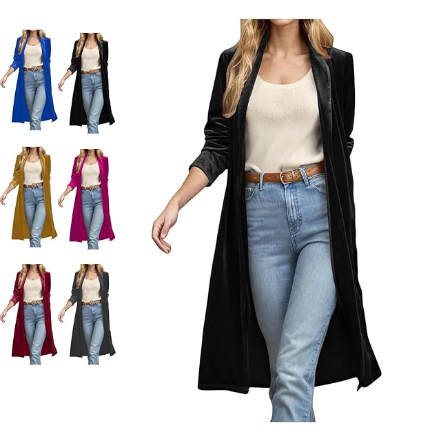 Long Velvet Cardigan for Women Open Front Long Sleeve Lapel Collar Loose Fit Maxi Blazer Duster Outwear Coat