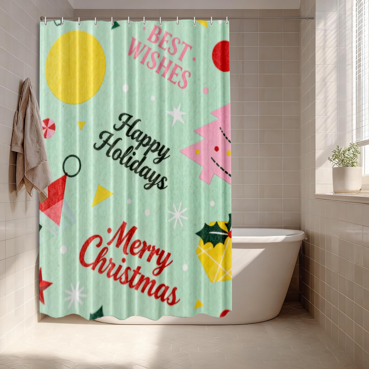 Batmerry Retro Christmas Modern Decorative Shower Curtain, Trees Gold Glitter Boho Cute Long Wide with Rust Proof Grommets for Bathroom Waterproof Washable 72x72 in