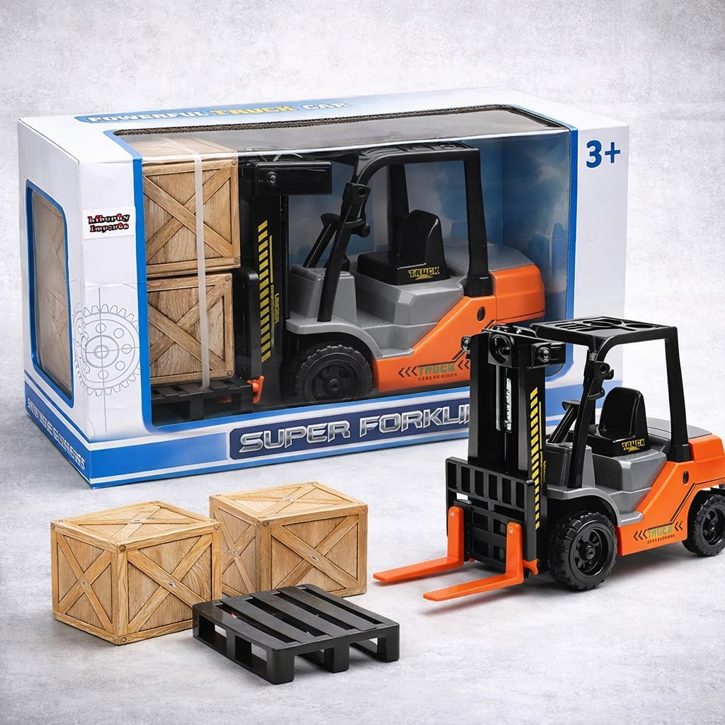 Liberty Imports Toy Forklift Truck with Pallet & Cargo - 1:22 Scale Friction Powered Wheels & Manual Lifting Control - Warehouse Lifting Vehicle for Kids Play