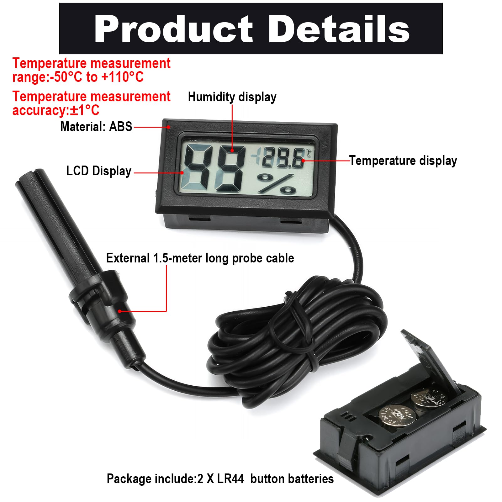 3 Pack Digital Thermometer Hygrometer, Temperature Humidity Gauge Meter Mini Probe Thermometers with LCD Display Digital Room Thermometer for Reptile Incubator Terrarium Incubator Aquarium Office - Image 4