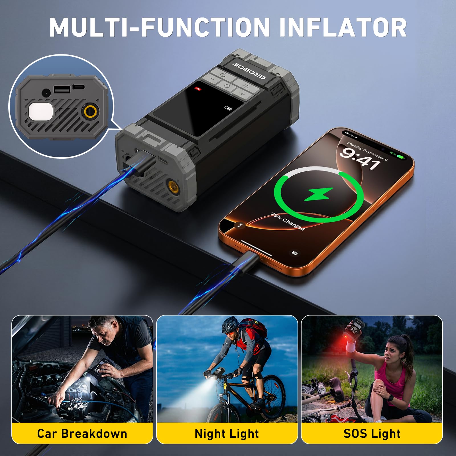 GROBOE Tyre Inflator Air Compressor Portable Car Tyre Pump Cordless Car Air Pump with Digital Pressure Gauge 12V DC 150PSI Rechargeable Electric Bike Pump with Auto Shutoff for Bike Motorcycle Ball — view 6