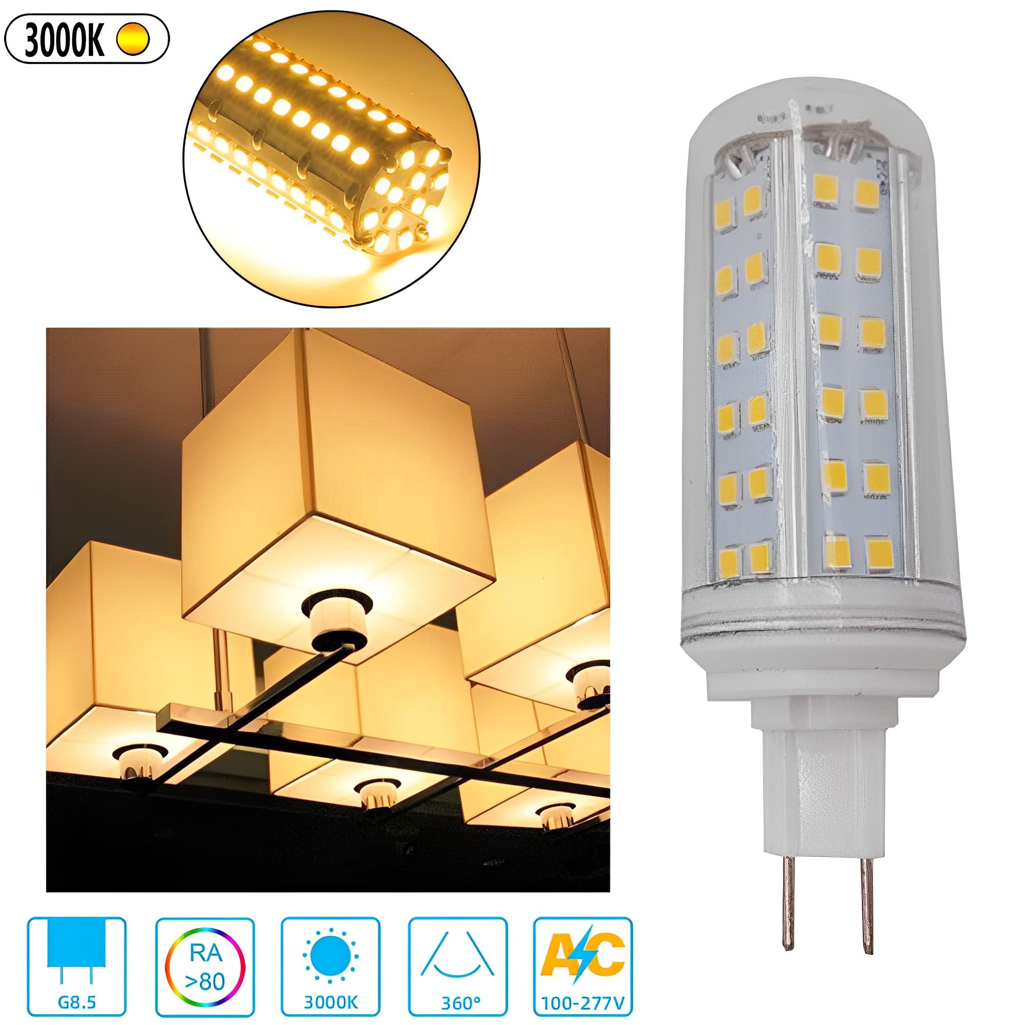 Ampoules LED G8.5, Ampoules à Base de maïs G8.5 à Deux Broches, 10 W 1000 LM, 3000 K 4000 K 6000 K à Courant Constant sans Scintillement, AC 100 V ~ 277 V Non dimmable (Lot de 10)