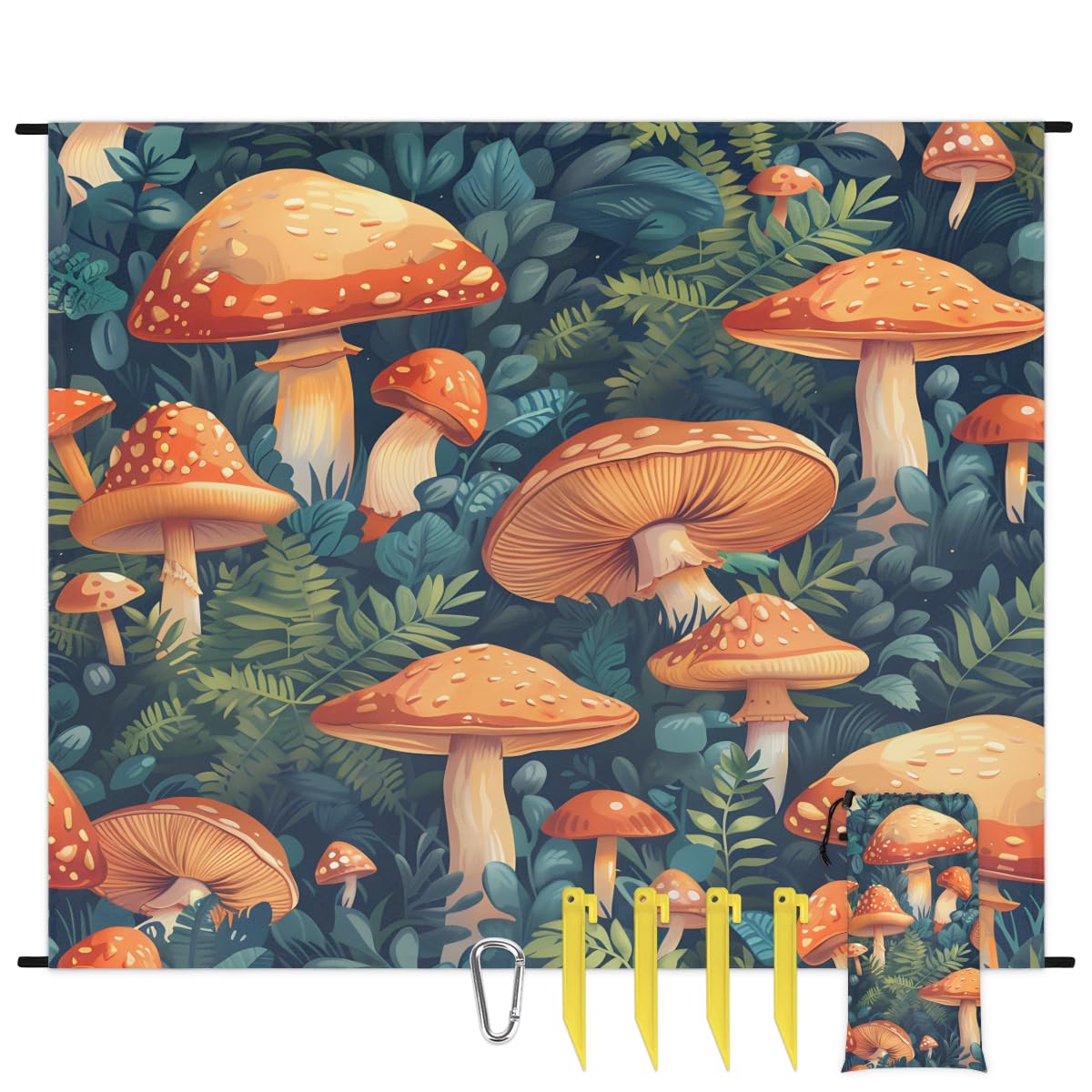 Waterproof Sandproof Beach Blanket, 59''×68'' Vegetables Polyester Outdoor Picnic Blanket with 4 Stakes & Storage Bag for Beach,Camping,Vacation Umbrella Mushrooms