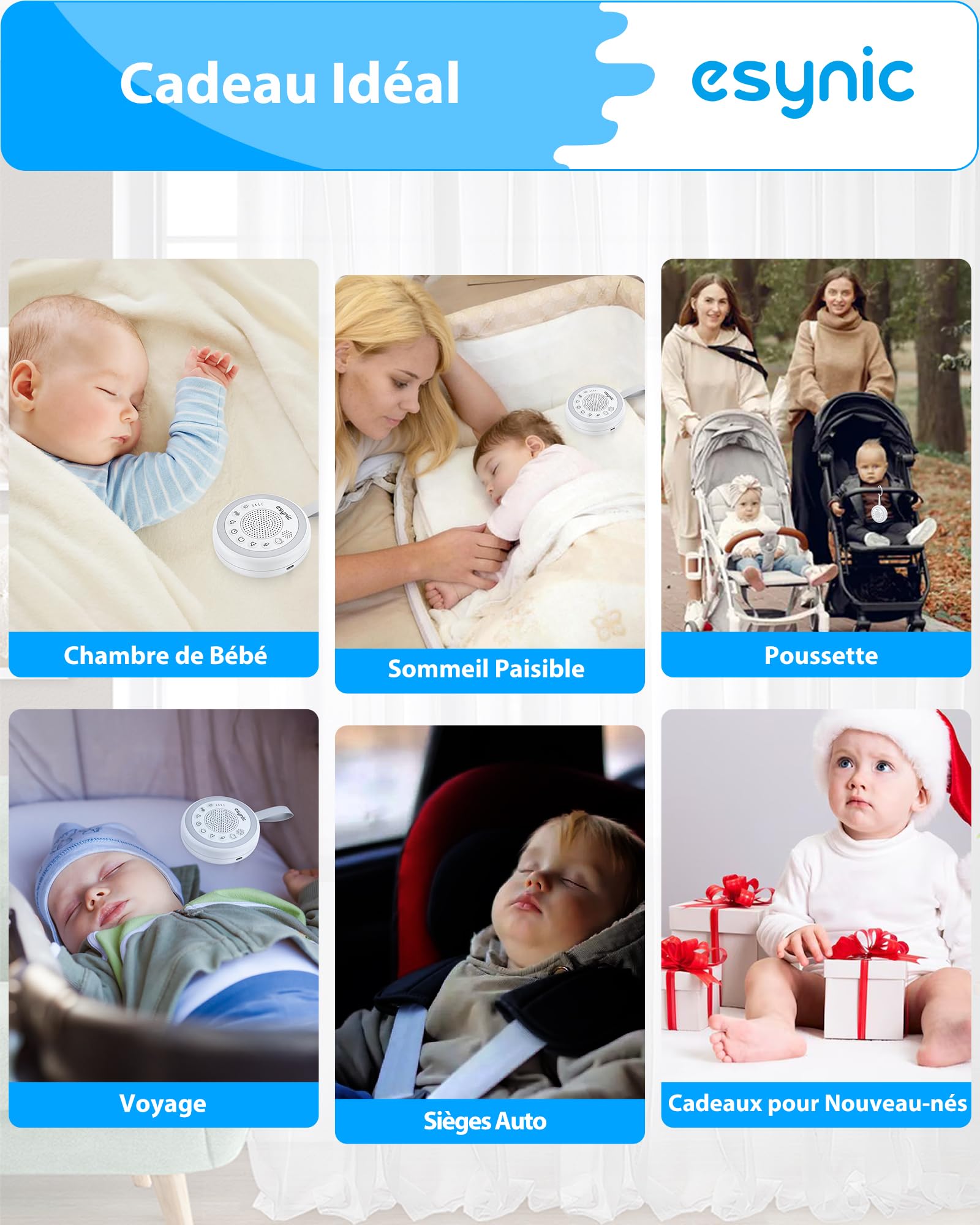 eSynic Machine à Bruit Blanc Portable pour Bébé avec Capteur de Pleurs Interrupteur Indépendant 24 Sons Apaisants Luminosité Volume Réglable Veilleuse Bruit Blanc Bébé Enregistrement Vocal Minuteries
