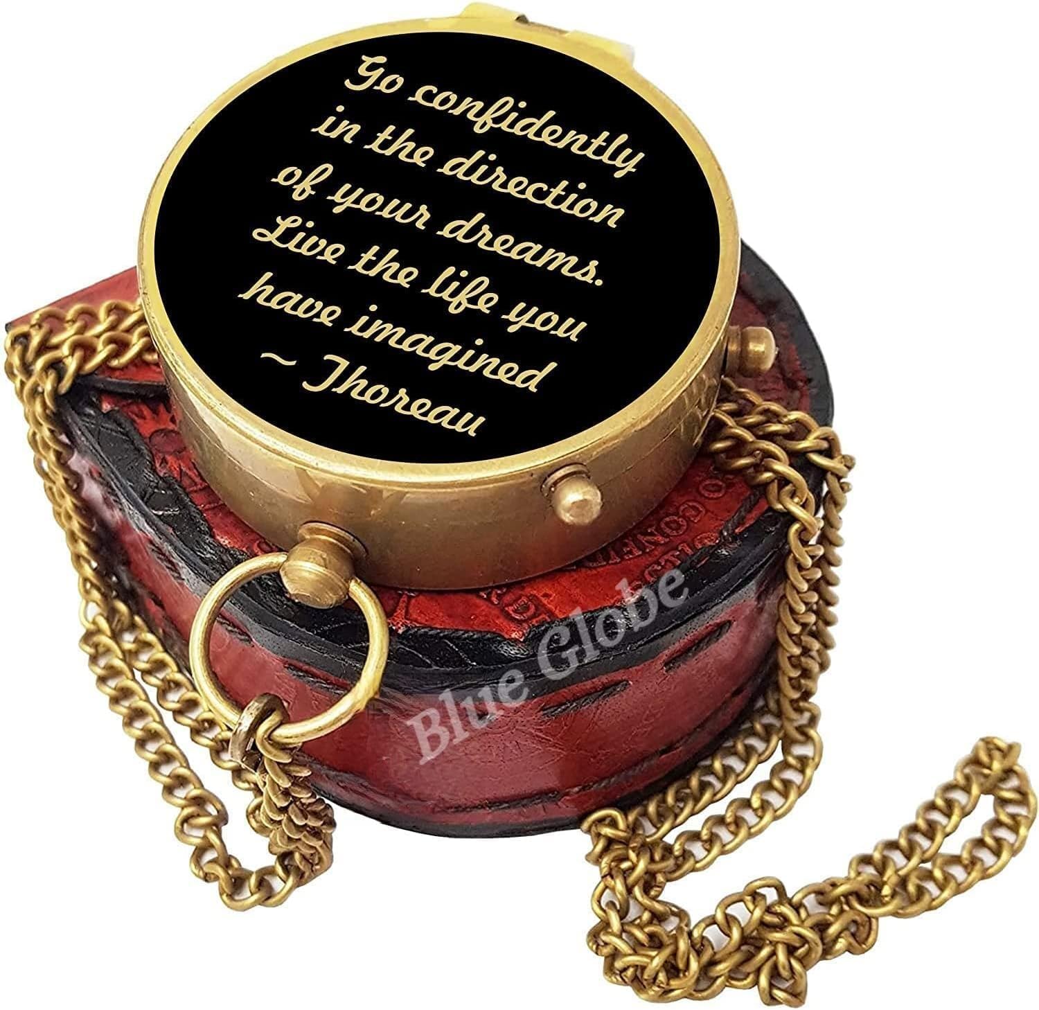 2'' Antique Brass Compass with Leather Case, Handmade Vintage Gift Compass with Thoreau's Go Confidently Quote Engraved Brass Compass with Leather Case, As Show in Picture