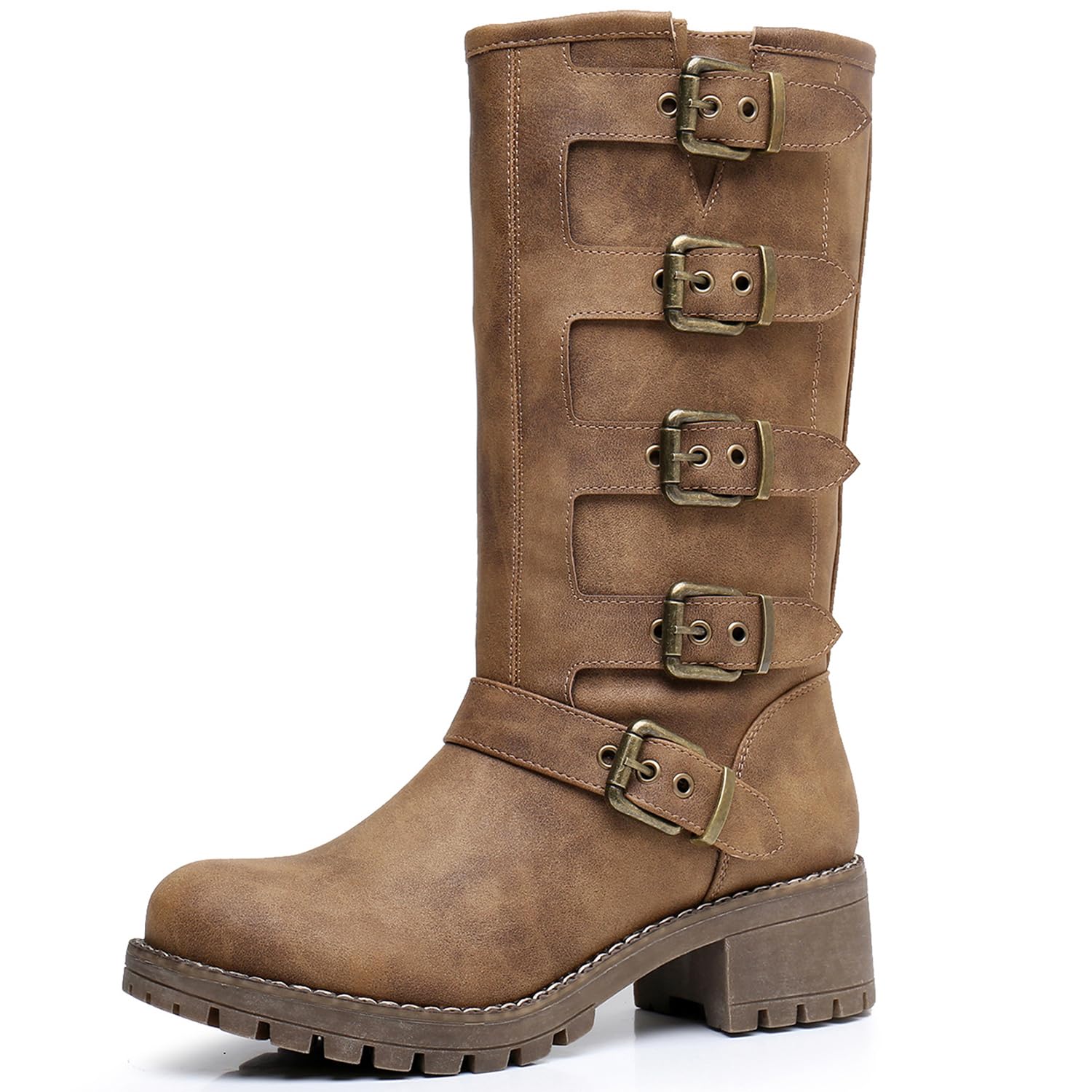 GLOBALWIN Chunky Mid Calf Fashion Dressy Motocycle Biker Military Style Combat Boots for Women Low Heel