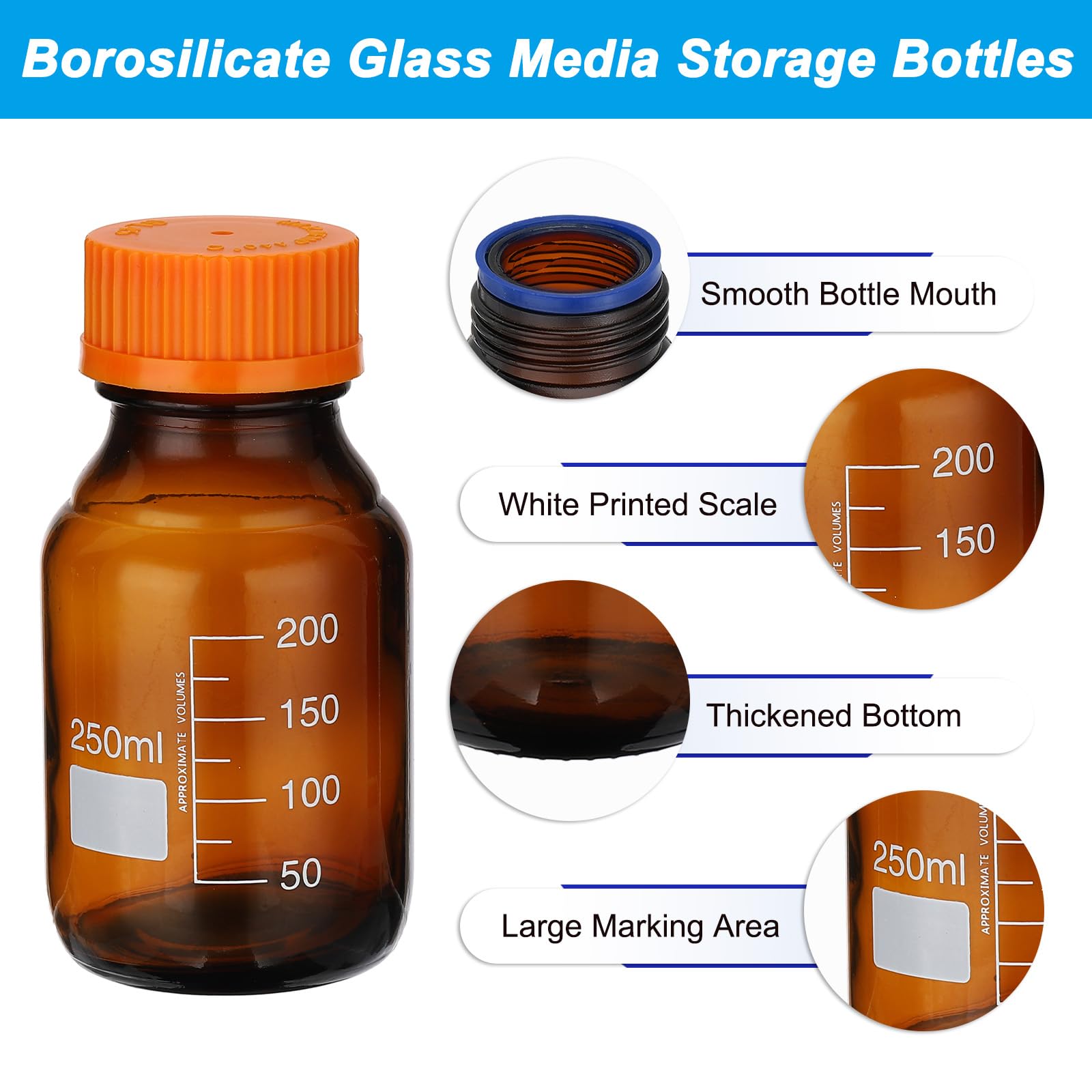PATIKIL Confezione da 4 bottiglie rotonde per reagenti, in vetro borosilicato, 250 ml, con tappo a vite GL32 arancione, per liquidi reagenti d'acqua di laboratorio, ambra