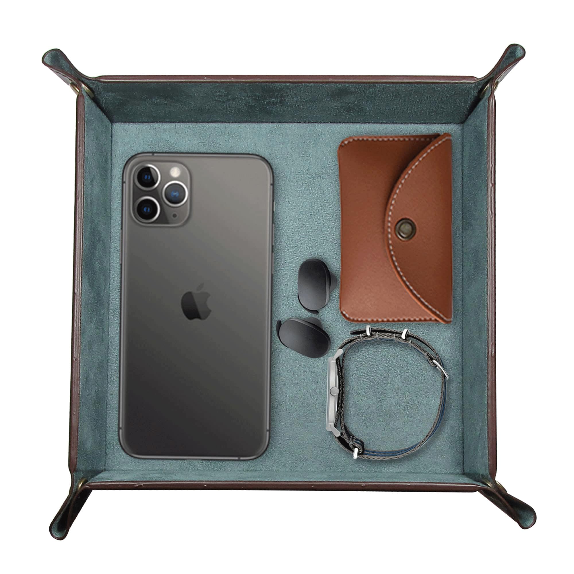 LEART Leather Valet Tray Organizer for Men and Women - Home and Office, Desk and Bedside Catchall holder for Wallets, Jewelry, Watches, Keys, Coins, Mobile, Cosmetics, TV Remote (Jade Green)