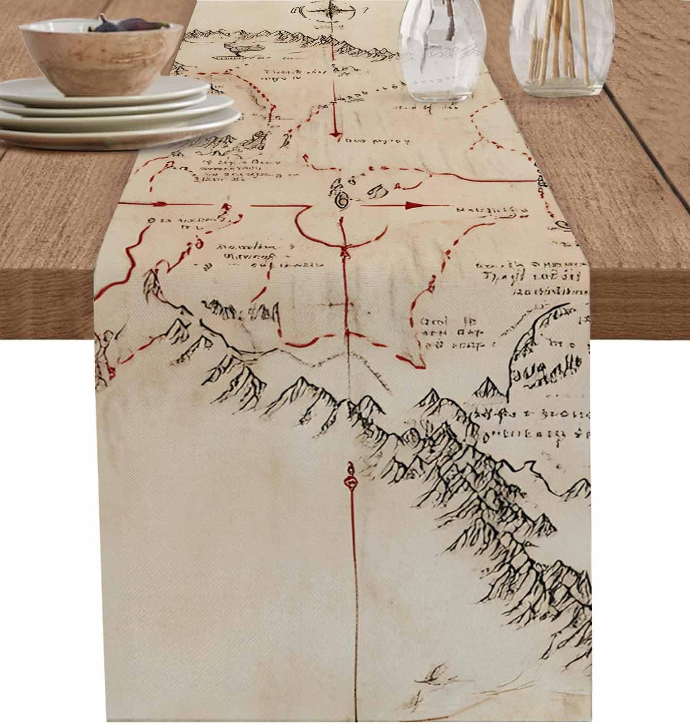 Middle Earth Map on Vintage Table Runner 36inch Long,Linen Cotton Table Runners Abstract Mountain Tabletop Scarf for Indoor Kitchen Dining Tables Outdoor Party Decorations