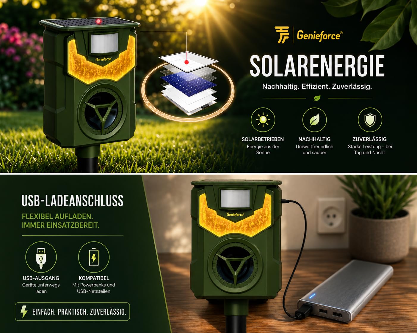 Genieforce® [2 Pack] Combat+ Smart Flammenlicht Ultraschall Tiervertreiber Tierabwehr Tierschreck gegen Katzen, Hunde, Marder, Fuchs, Vogel, Nager, Solar intelligente PIR-Sensoren - GF-BN-20