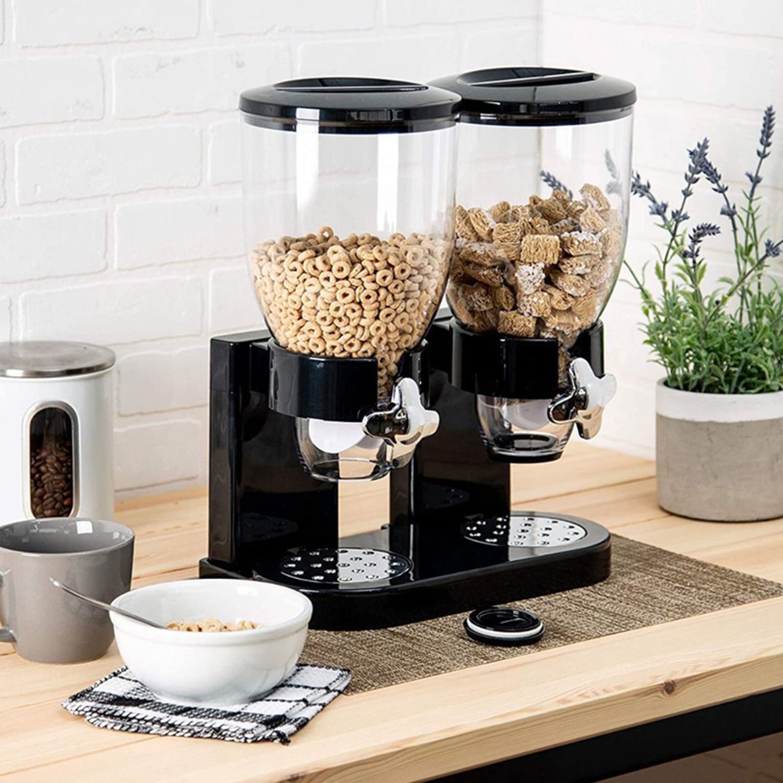 Syfunlv Distributeur de céréales double, 2 l, en plastique, céréales, bonbons, bonbons et céréales, récipient à flocons d'avoine, 29 x 35 x 16 cm (2 l, noir, double fût)