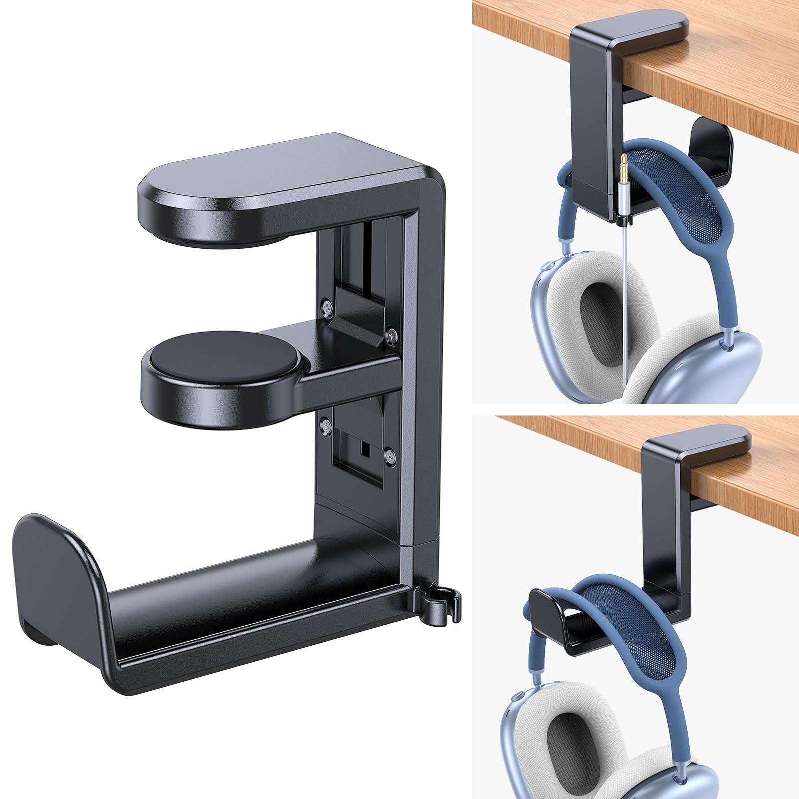 Coolpow Supporto per Cuffie Sotto la Scrivania【360° Girevole】 Porta Cuffie Gaming con Gancio Clip per Cavo per cuffie Sotto la Scrivania per Sony, Beats, HyperX