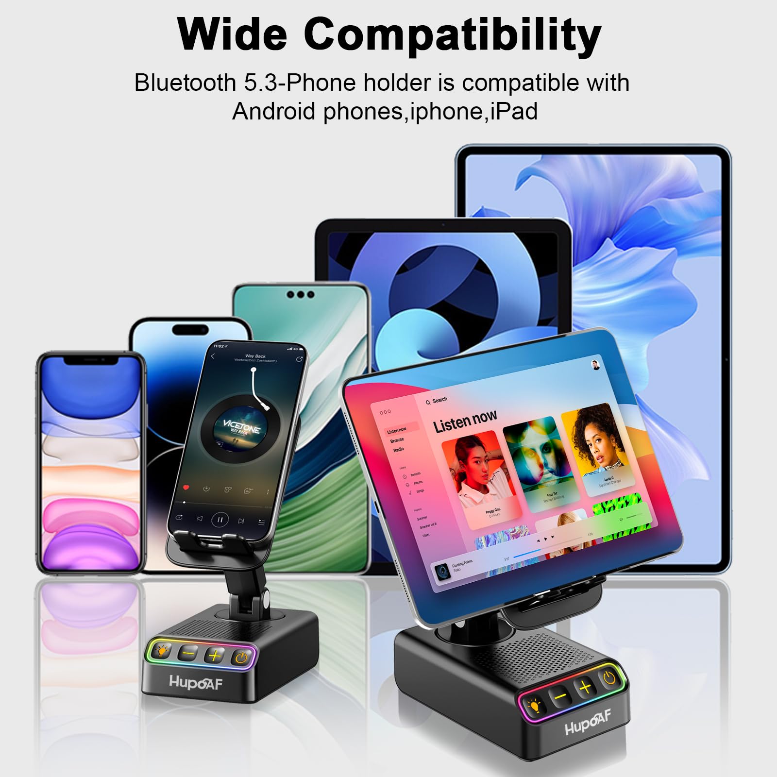 Hupoaf Adjustable Cell Phone Stand with Wireless Induction Bluetooth Speaker, HD Surround Sound for Home and Outdoors, Compatible with iPhone/Samsung Galaxy, 2026 Birthday Gifts for Men Women Dad Mom — view 5