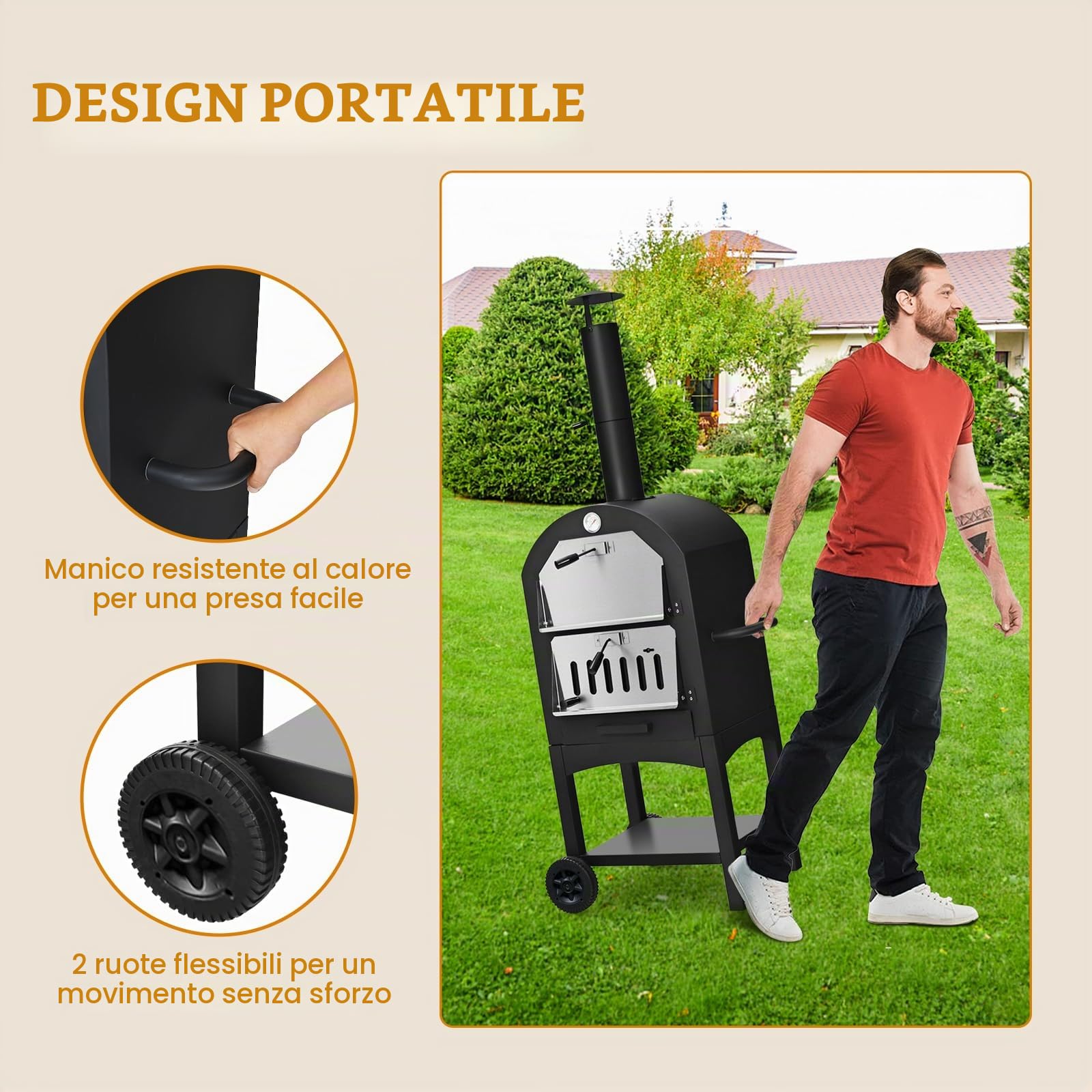 KOMFOTTEU Mini forno per pizza, in ferro, da 200 ℃ a 350 ℃, portatile, con pietra per pizza, griglia, per feste, barbecue