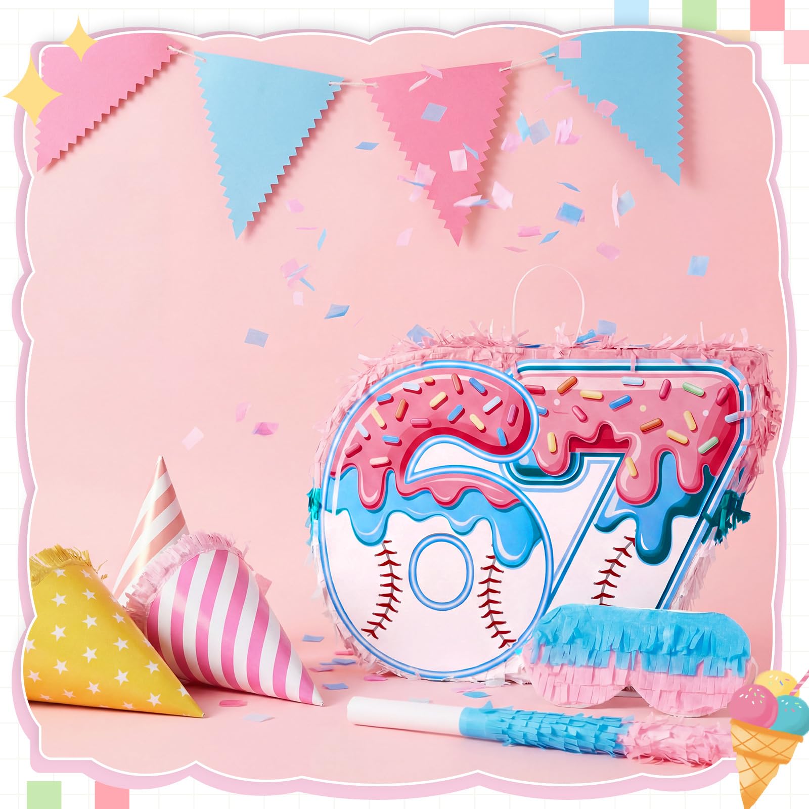 Soulchen Piñata sur le thème du baseball numéro 6 7 avec bâton de chauve-souris, bandeau pour les yeux et confettis pour décorations de fête d'anniversaire amusantes à thème Six Seven