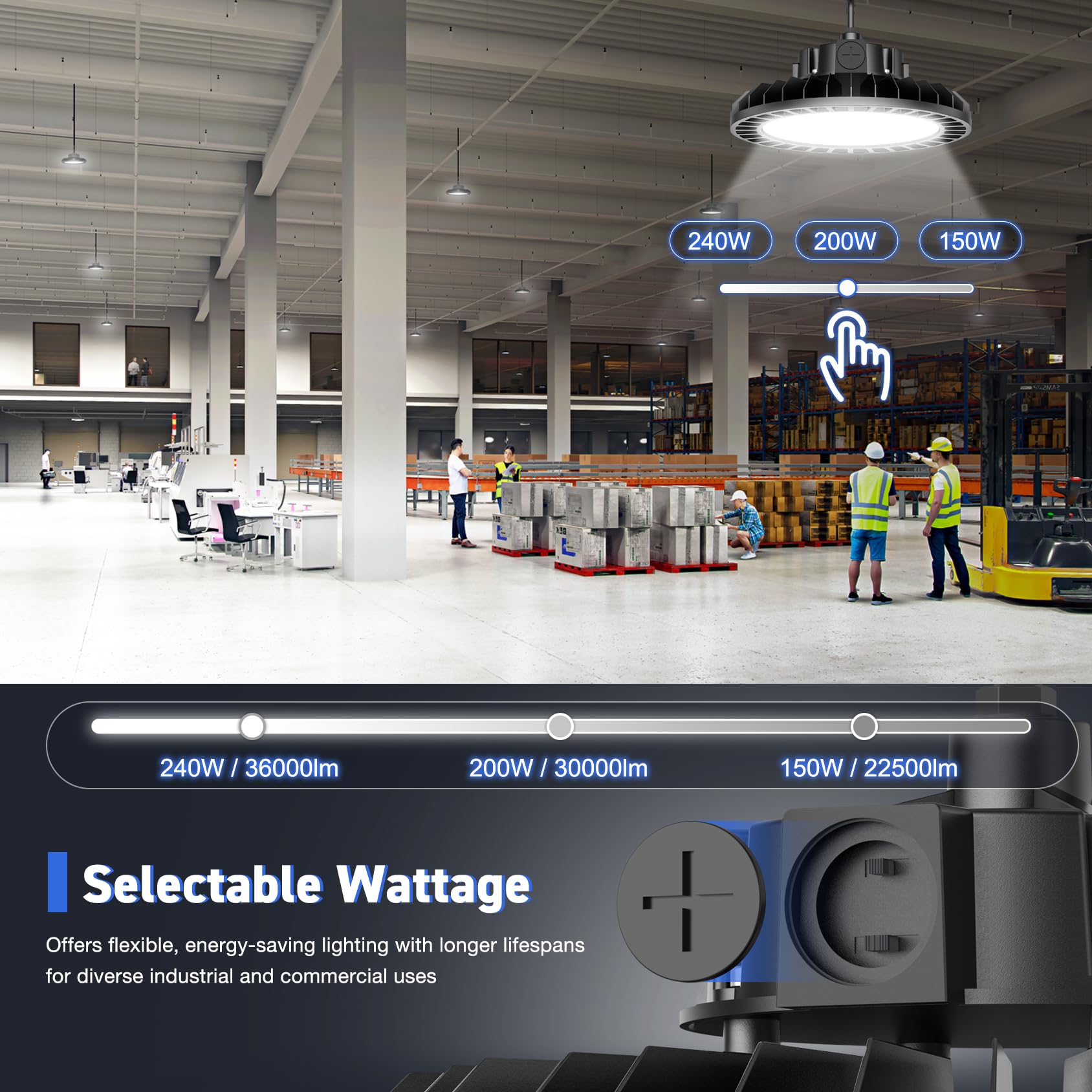6-Pack UFO Warehouse Light Adjustable Wattage 240W 200W 150W Commercial LED High Bay Light 4500K 5000K 5700K 3-CCT — view 3