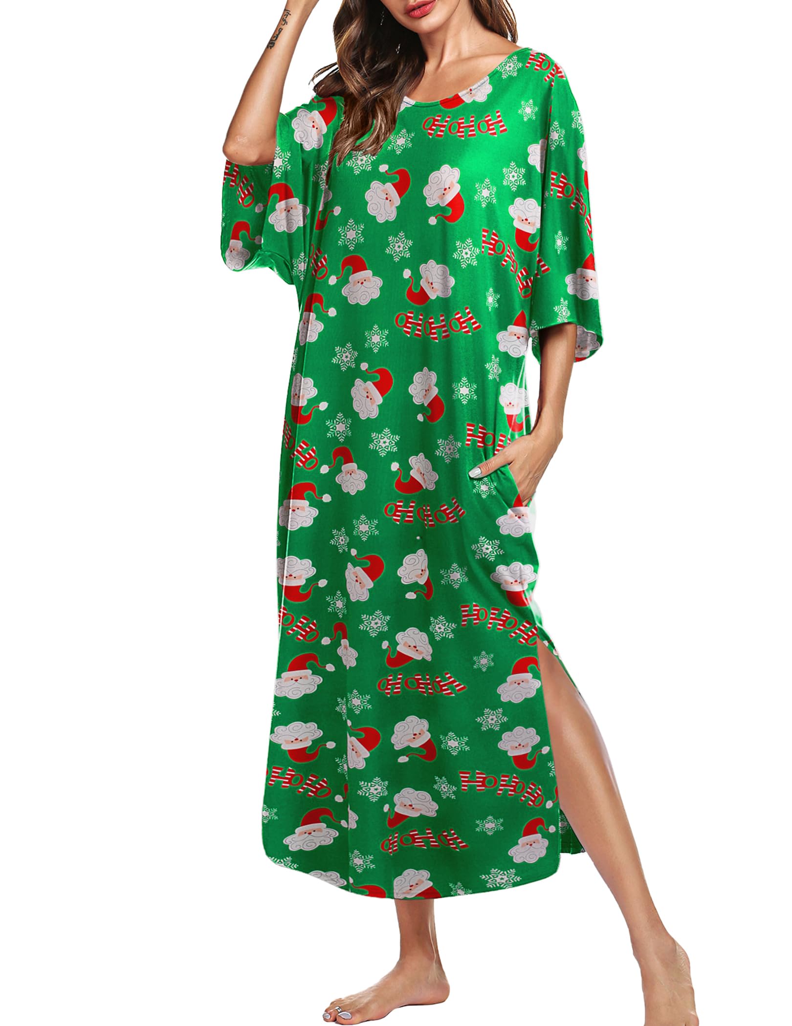 Ekouaer Long Nightgowns for Women Short Sleeve Night Gowns with Pockets | Casual Maxi Lounge Dress, Round Neck Sleep Dress, Plus Size House Dress, Side Split Sleepshirts for Lounging, Home, Party