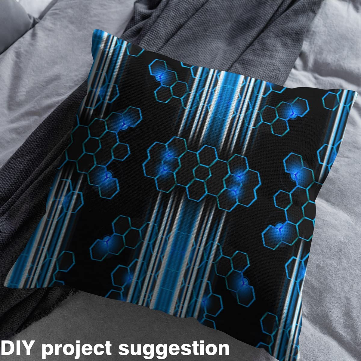 Tkanina o strukturze plastra miodu, nowoczesna geometria motyw sześciokątny, niebieska, wodoodporna tkanina outdoorowa, geometryczne paski, tkanina tapicerska, na krzesła, nowoczesny gradient, czarno-niebieska, tkanina, 3 metry (dł. 276 x szer. 150 cm)