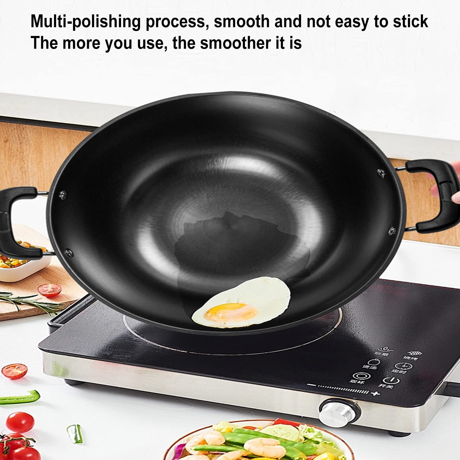 IMPREC Sartén De Inducción, Sartén Wok De Acero Al Carbono Wok De Fondo Planos con Tapa Wok De Acero Al Carbono For Estufas Eléctricas De Inducción Y Gas (Color : Noir, Size : 30x12cm)
