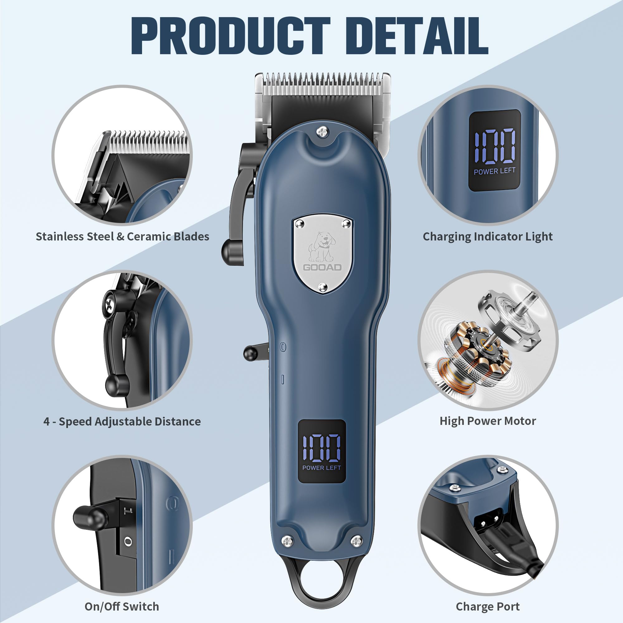 Gooad Dog Hair Clippers for Grooming Cordless Pet Clippers for Dogs Thick Hair with Metal Blades Electric Rechargeable Dog Trimmer for Grooming Low Noise Pet Grooming Kit,Blue - Image 2