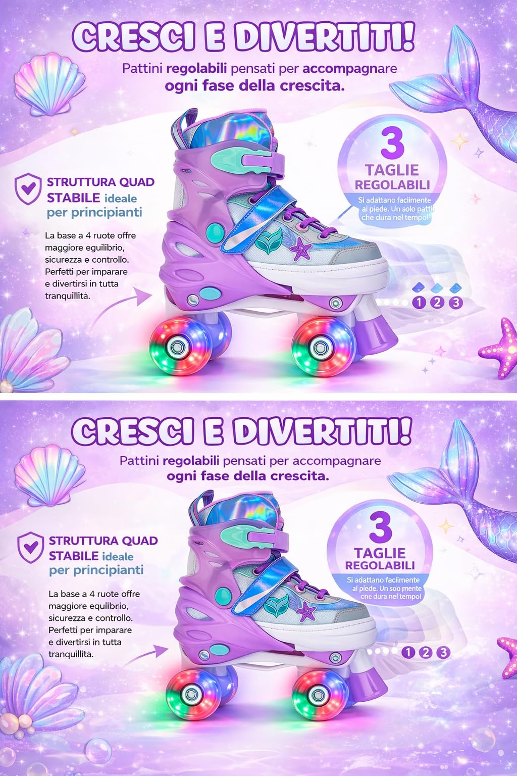 Pattini a rotelle Pattini bambina Regolabili Pattini a 4 Ruote,patini bambini 4 ruote luminosi per ragazze e ragazzi Altissima Qualità Modello Sirena Deluxy