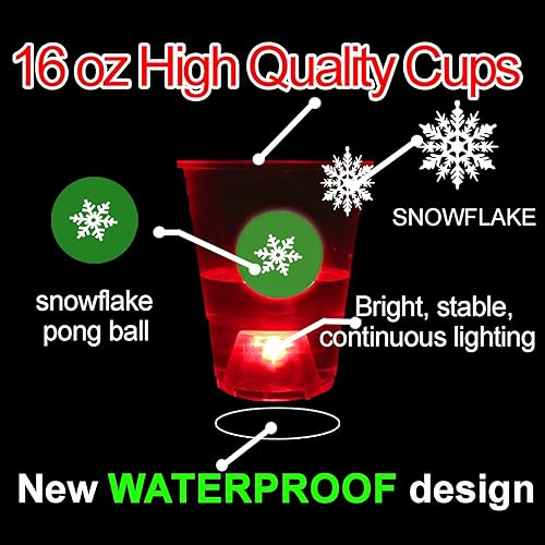 Miniatura 3 de noveltymeme Juego de 22 tazas de pong luminosas de Navidad para fiesta de Navidad con 6 bolas de copo de nieve, 20 copos de nieve de plástico, rojo