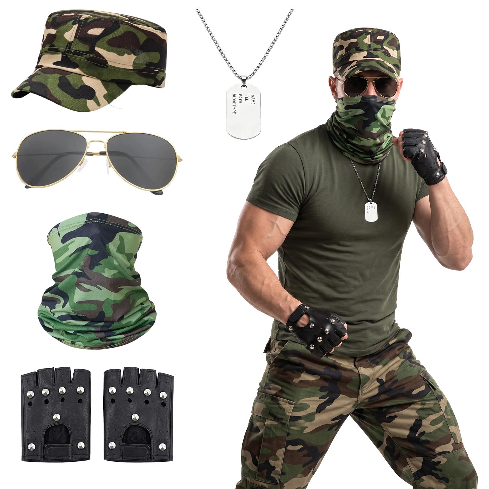 5PCS Army Fancy Dress Accessories Set for Adults, Military Soldier Costume with Camouflage Hat, Sunglasses, Dog Tag Necklace, Tactical Gloves and Face Scarf Army Costume for Halloween Cosplay Party