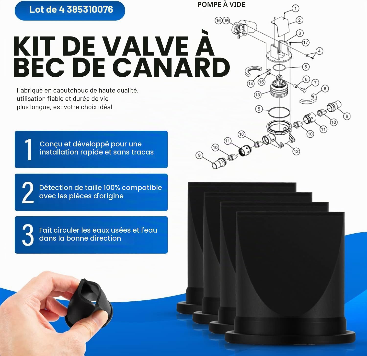 Kit de soufflet de pompe 385230980 avec valve en bec d'oie et kit de joint torique. Remplacement pour pompes à vide des séries S, T et J. Compatible avec les toilettes pour camping-cars et