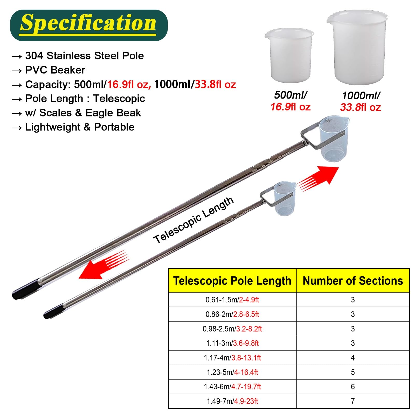 Adjustable Water Sample Dipper 17 34 fl oz, Reservoir/River/Lake/Sewage Wells/Pond Lightweight Extension Water Sampling, Retractable to 23 20 16 13 10 8 6.5 5ft(500ml/16.9fl oz,3.8-13.1ft/117-400cm)