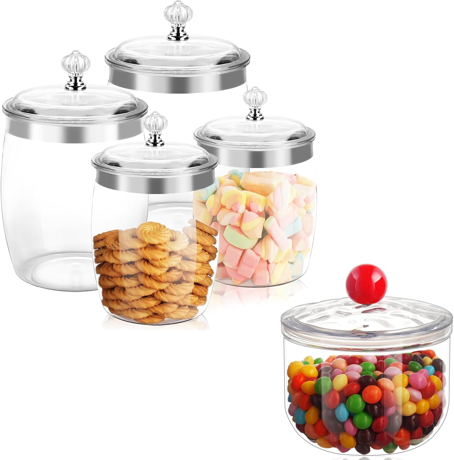 5 Pcs 128/128/74/74/30 Oz Plastic Cookie Candy Jars Clear Plastic Storage Containers Airtight Apothecary Canisters for Kitchen Home Decorative Pantry Office Party